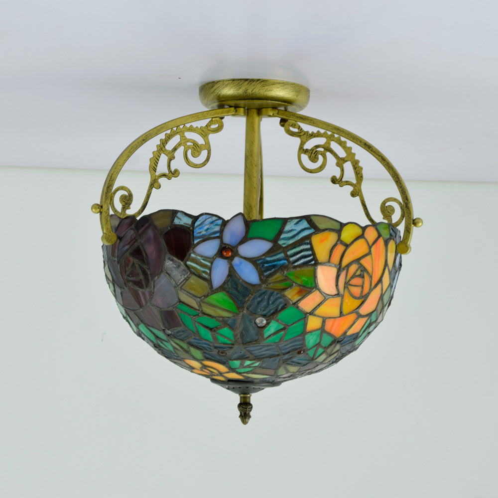 Tiffany-style ceiling light in multicolored floral stained glass