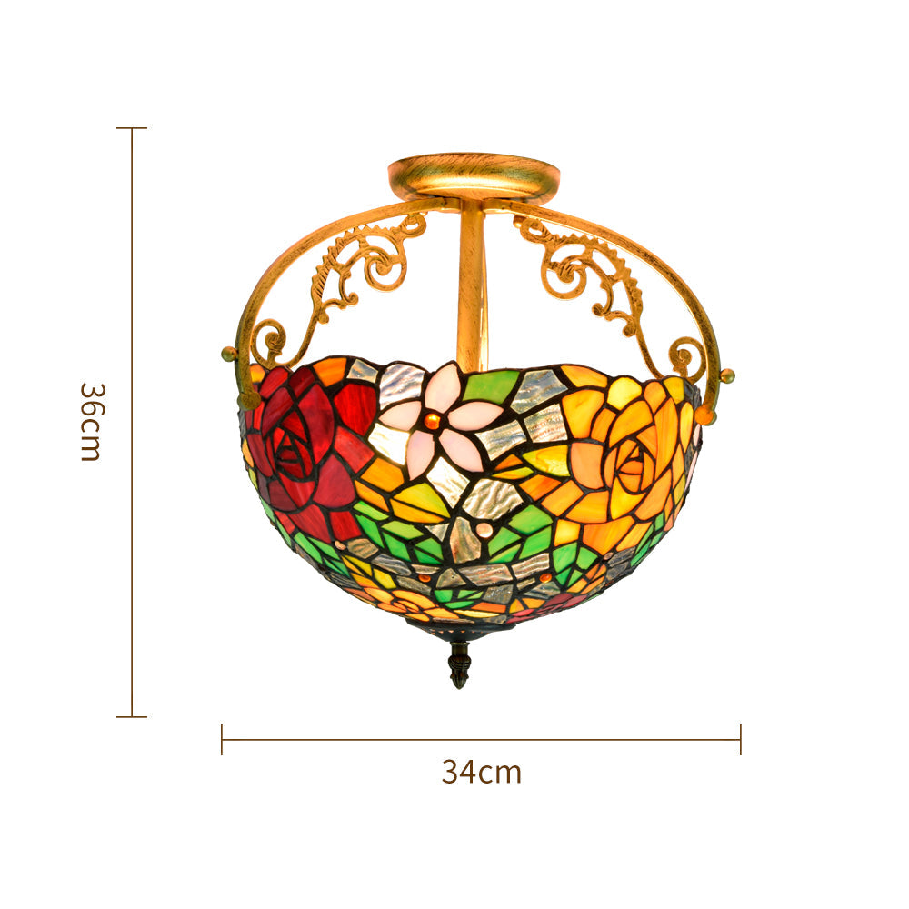 Tiffany-style ceiling light in multicolored floral stained glass