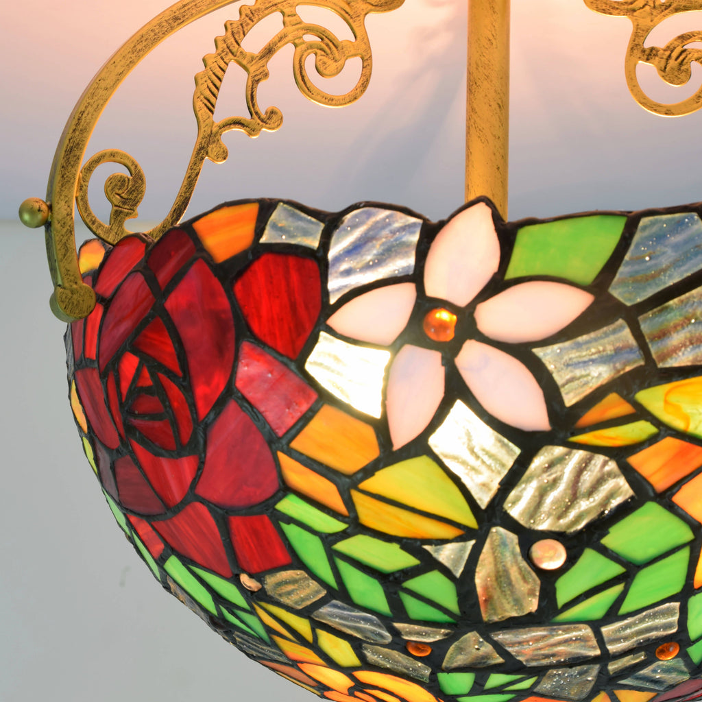 Tiffany-style ceiling light in multicolored floral stained glass