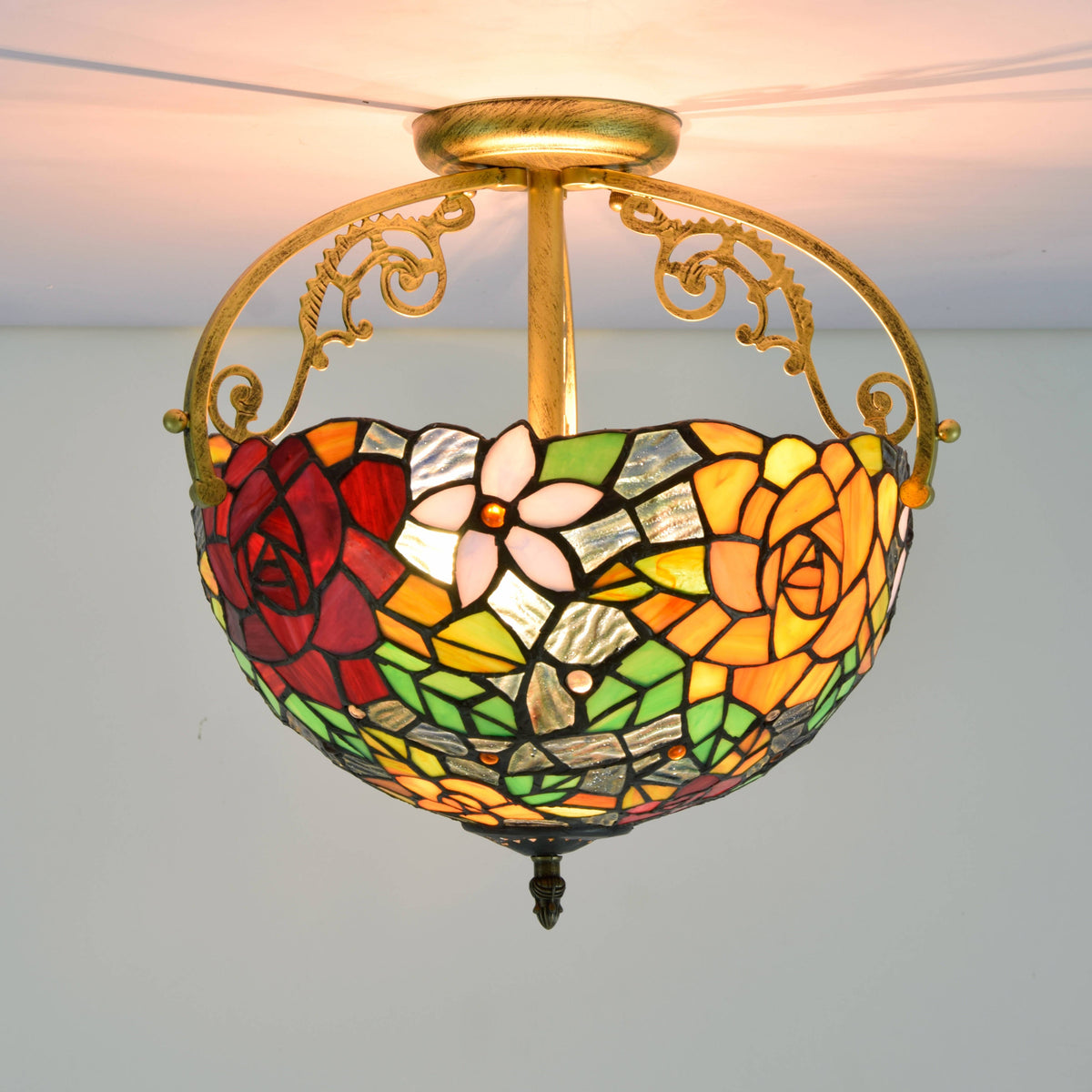 Tiffany-style ceiling light in multicolored floral stained glass