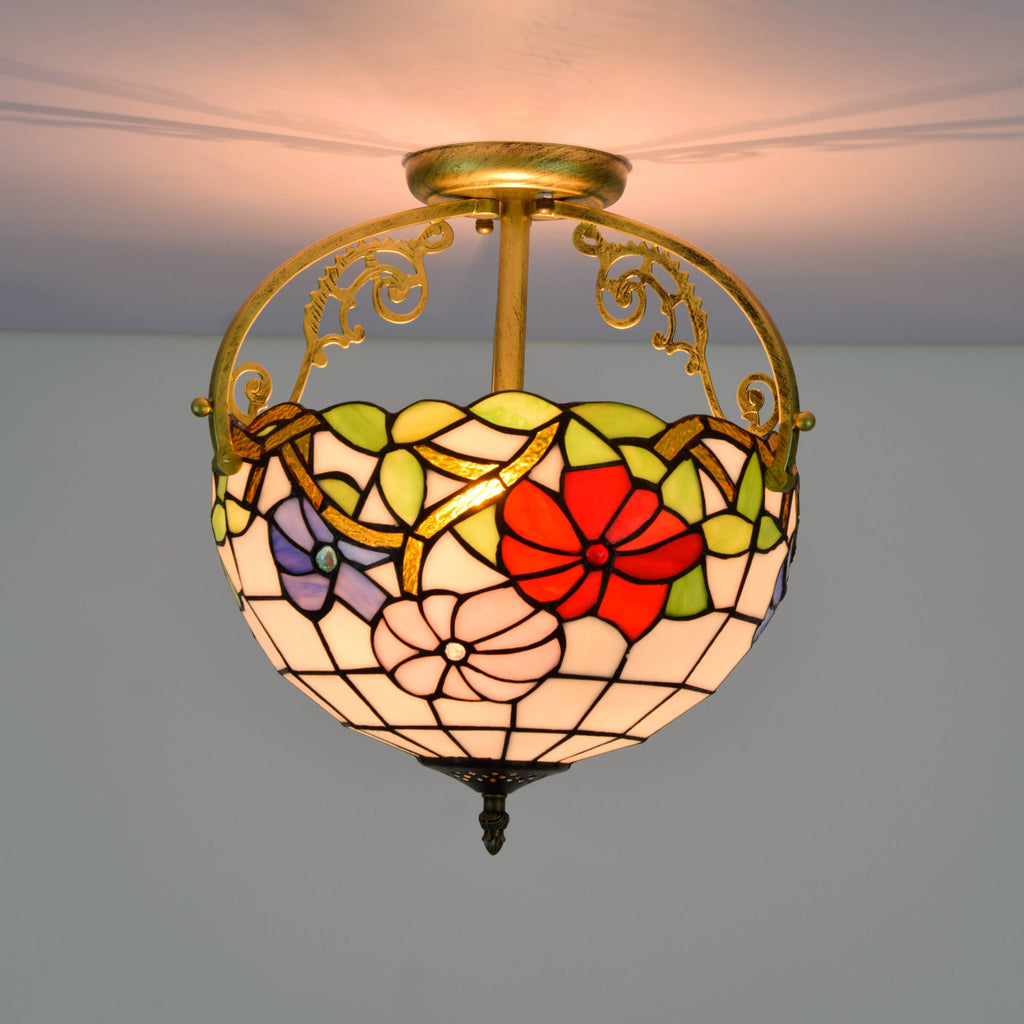 Floral Ceiling Light in Tinted Glass and Aged Brass