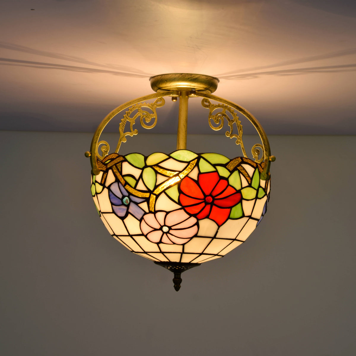 Floral Ceiling Light in Tinted Glass and Aged Brass