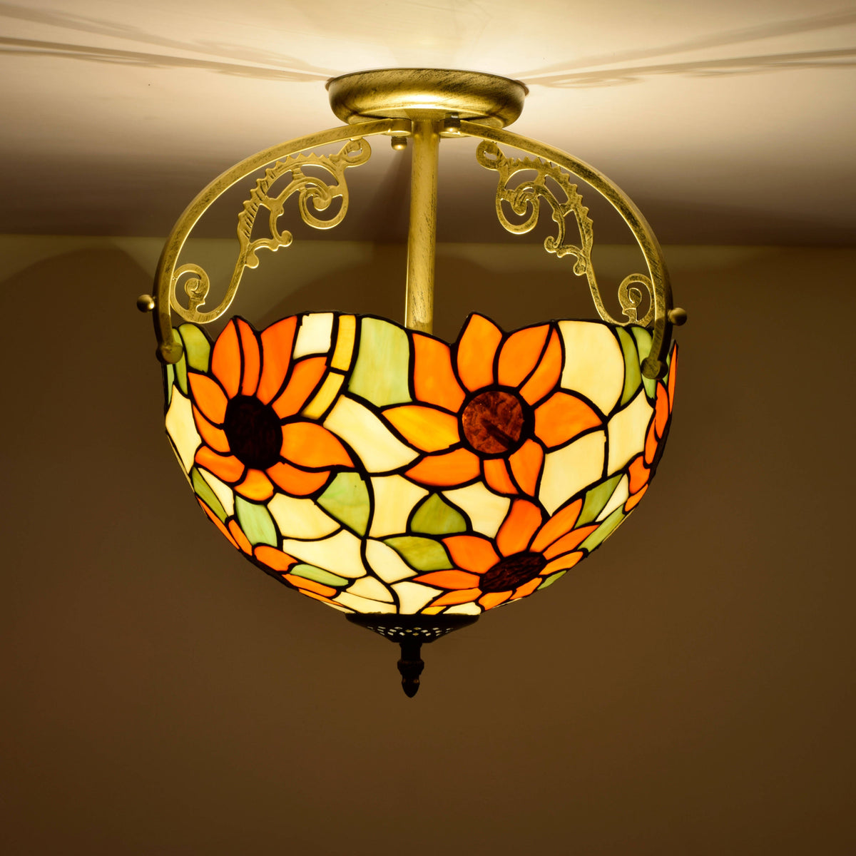 Tiffany-style ceiling light adorned with orange flowers