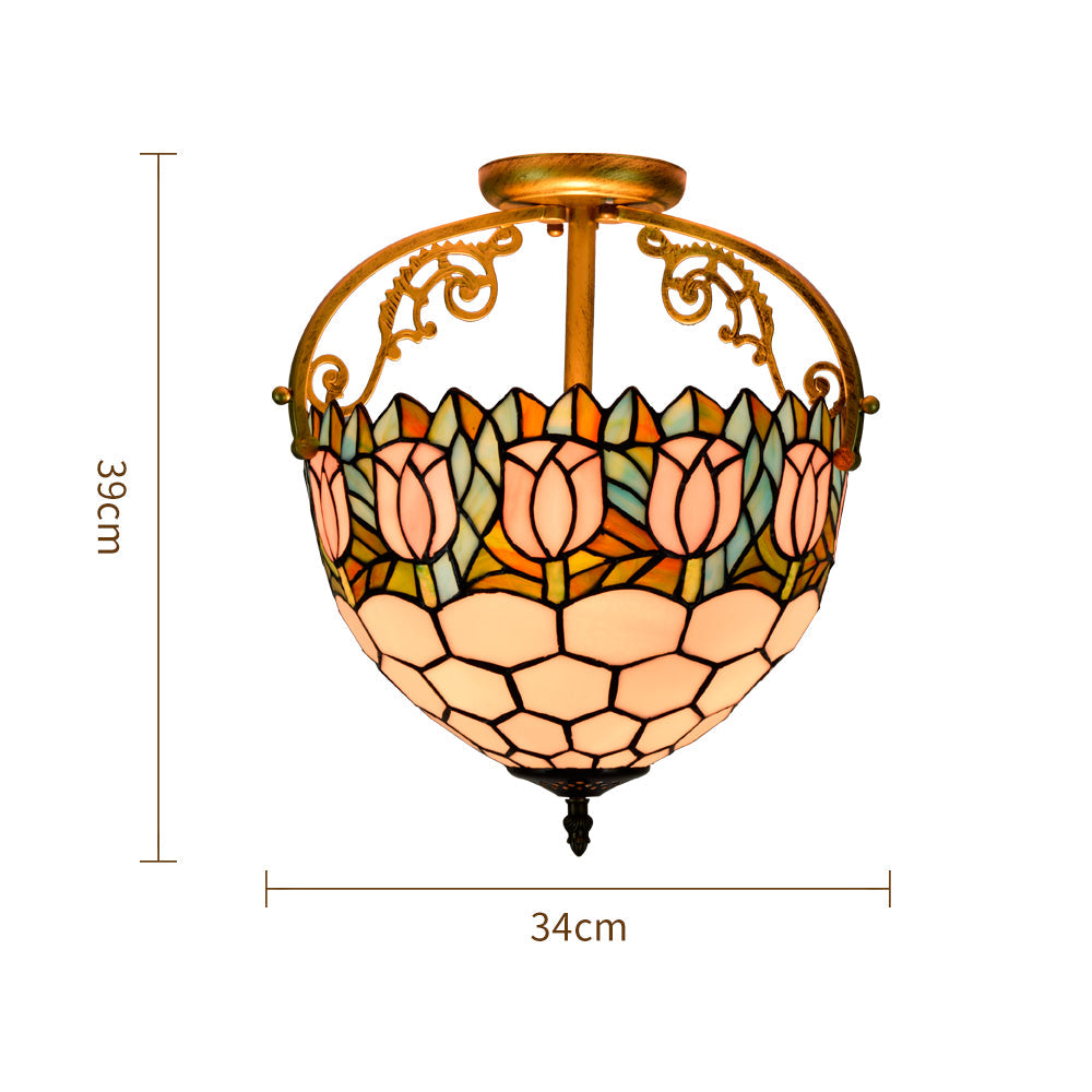 Tiffany Ceiling Light in Stained Glass with Pink Tulips