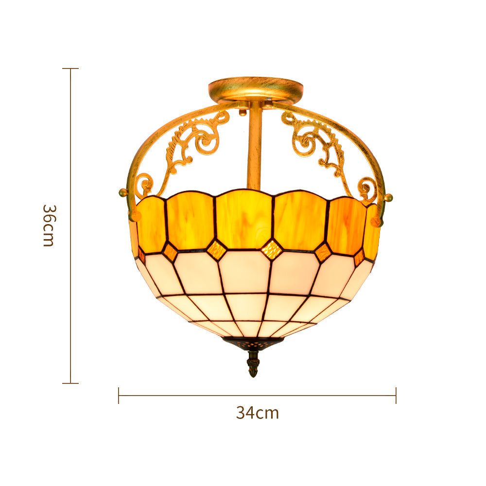 Amber Tiffany Glass and Aged Brass Ceiling Light