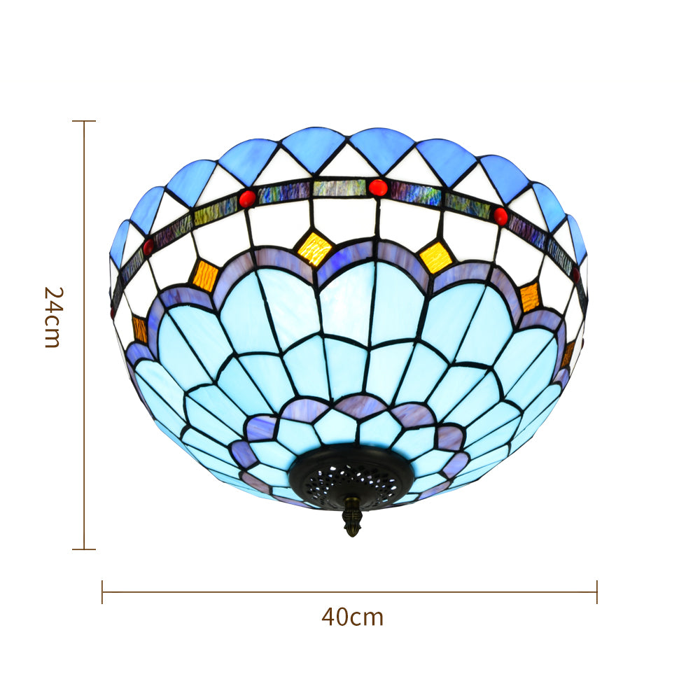 Blue and White Tiffany Style Stained Glass Dome Ceiling Light