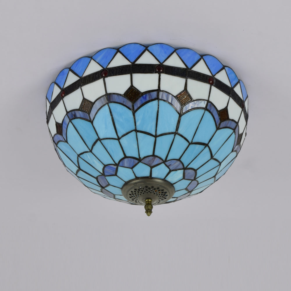 Blue and White Tiffany Style Stained Glass Dome Ceiling Light