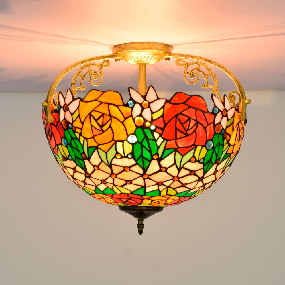 Tiffany Style Ceiling Light with Stained Glass Roses