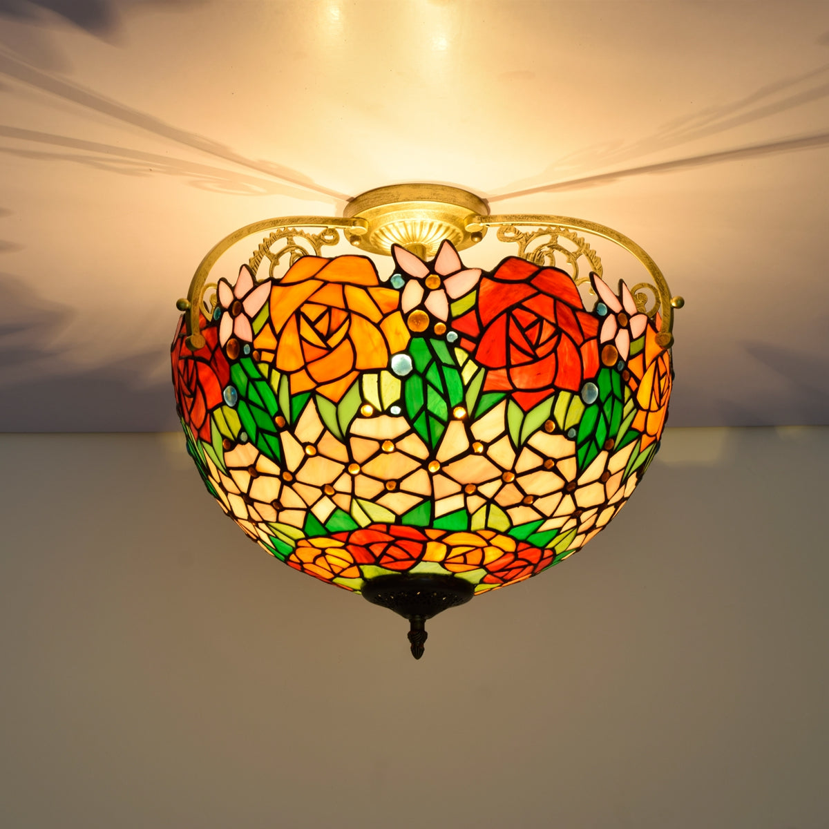 Tiffany Style Ceiling Light with Stained Glass Roses