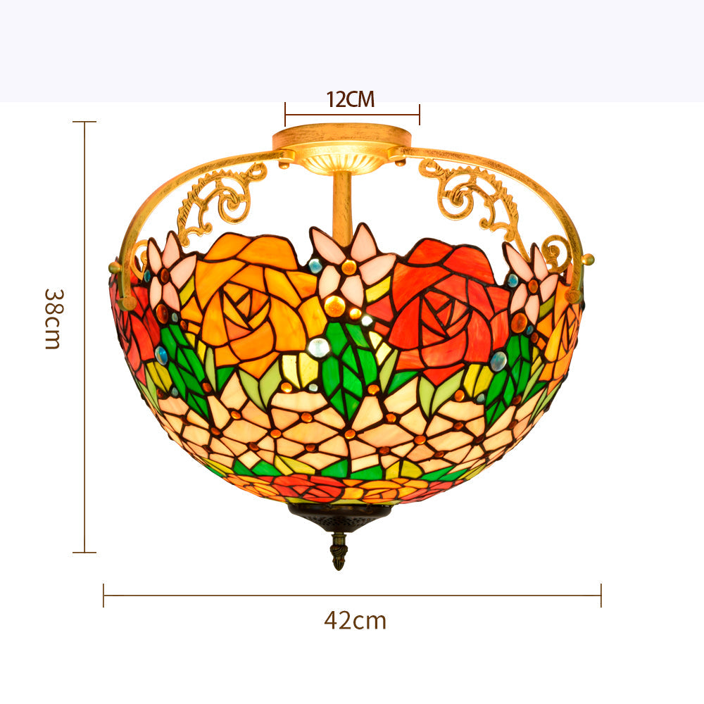 Tiffany Style Ceiling Light with Stained Glass Roses