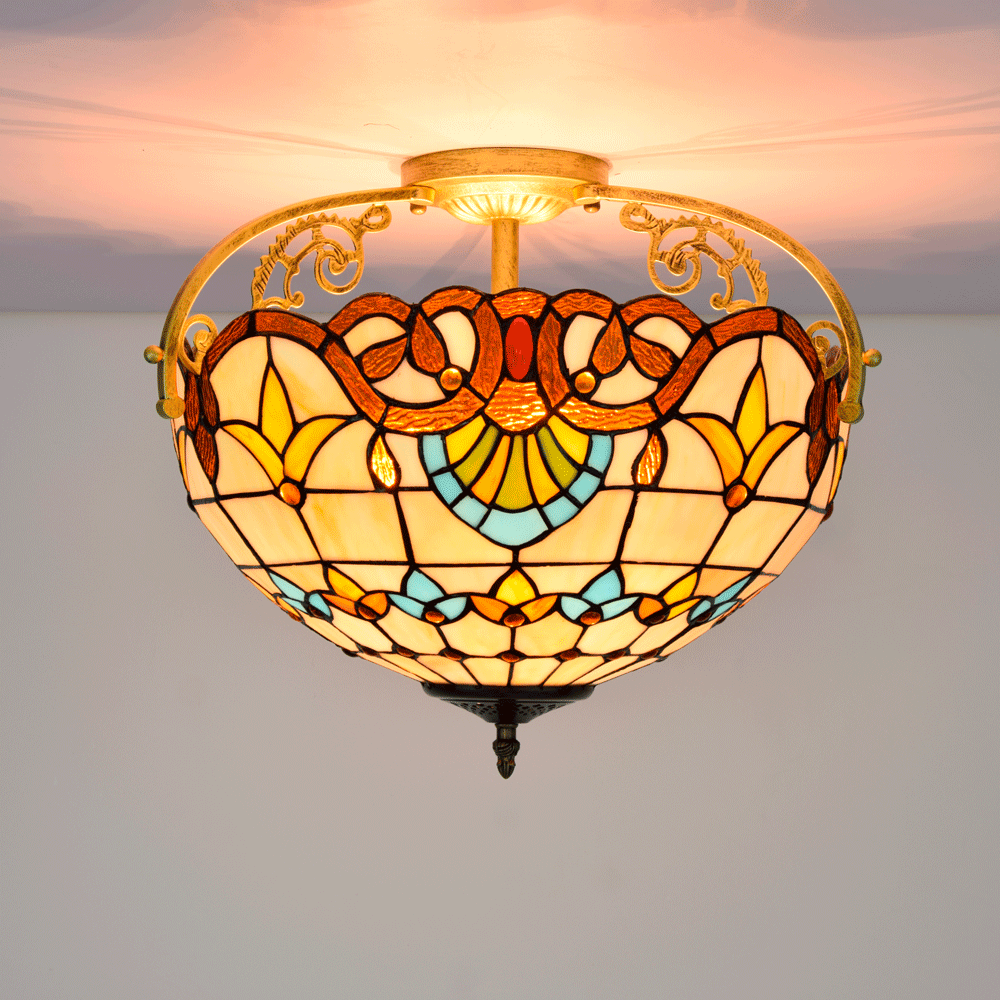 Floral Tiffany Stained Glass and Gold Metal Ceiling Light