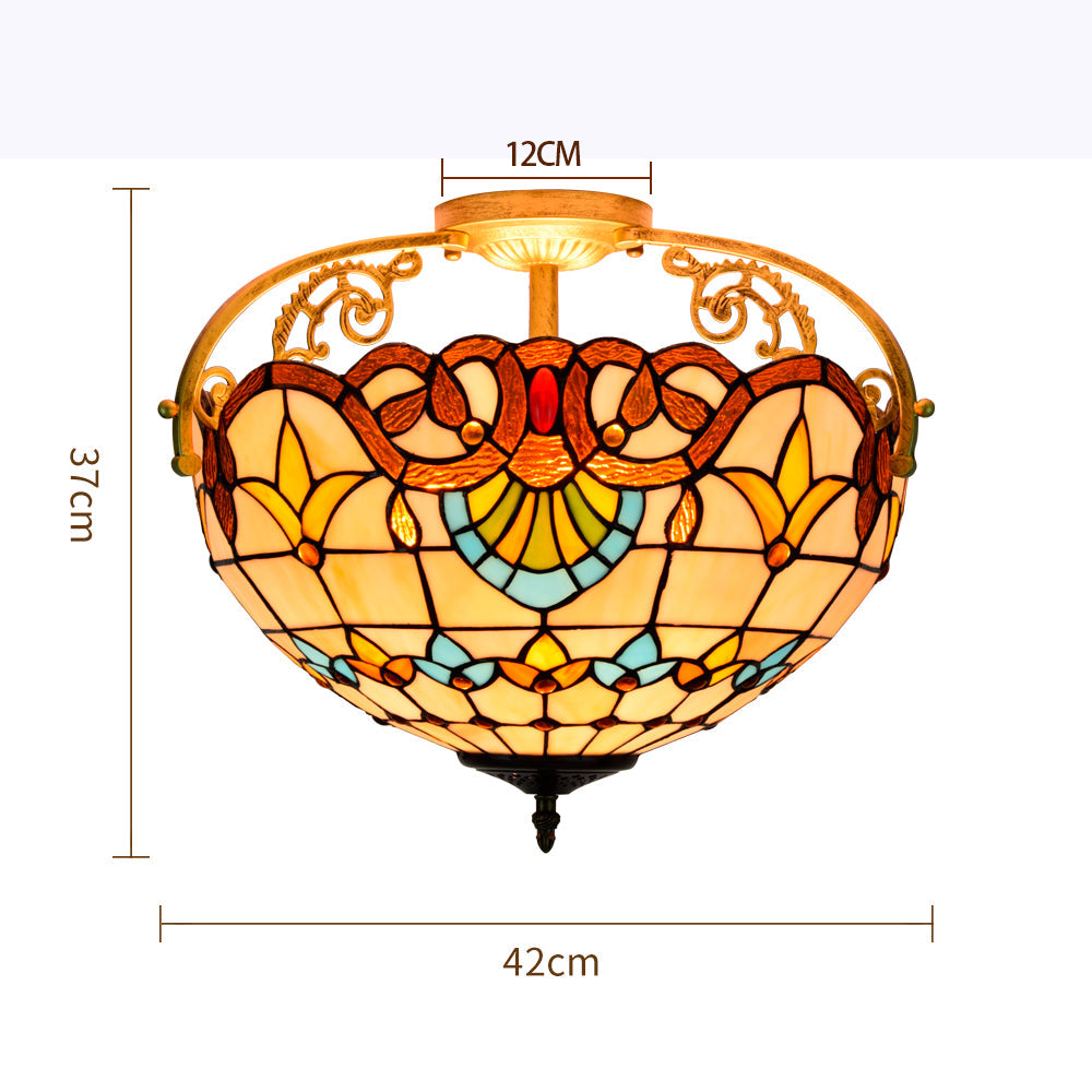 Floral Tiffany Stained Glass and Gold Metal Ceiling Light