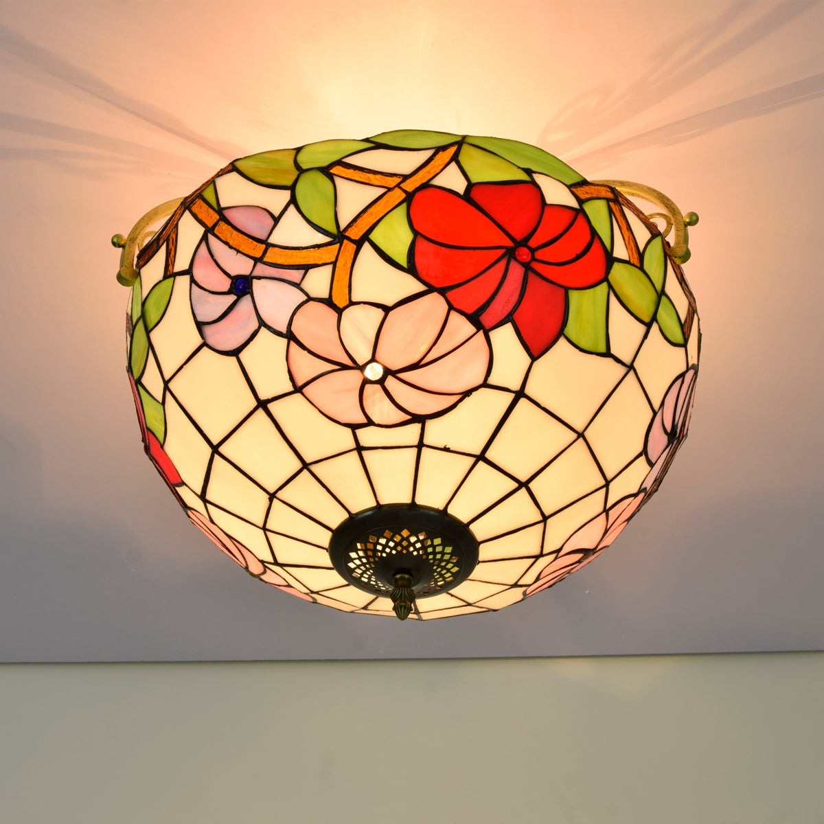 Floral Tiffany Style Ceiling Light in Stained Glass