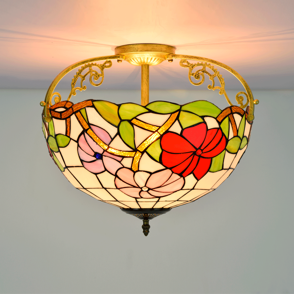 Floral Tiffany Style Ceiling Light in Stained Glass