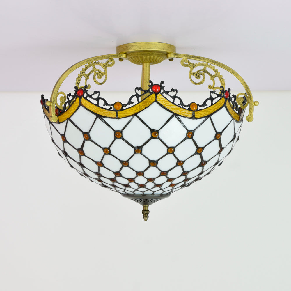 Geometric Tiffany Stained Glass and Ornate Brass Ceiling Light