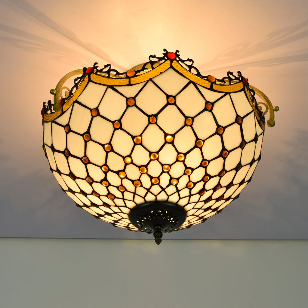 Geometric Tiffany Stained Glass and Ornate Brass Ceiling Light