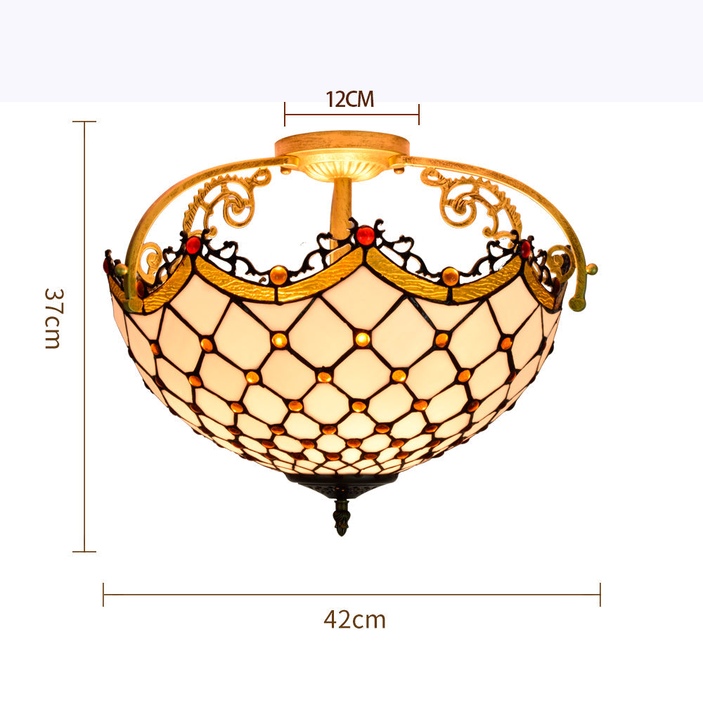 Geometric Tiffany Stained Glass and Ornate Brass Ceiling Light