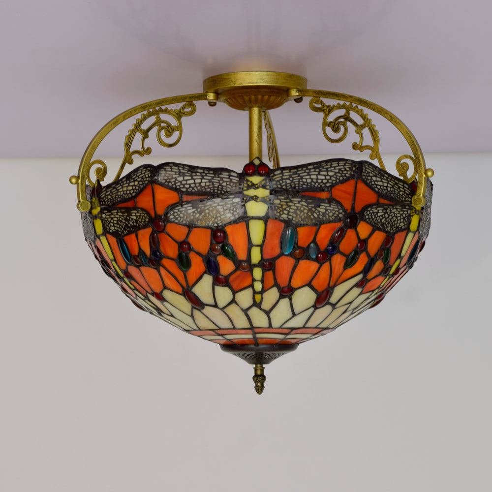 Tiffany-style stained glass ceiling light with orange dragonflies