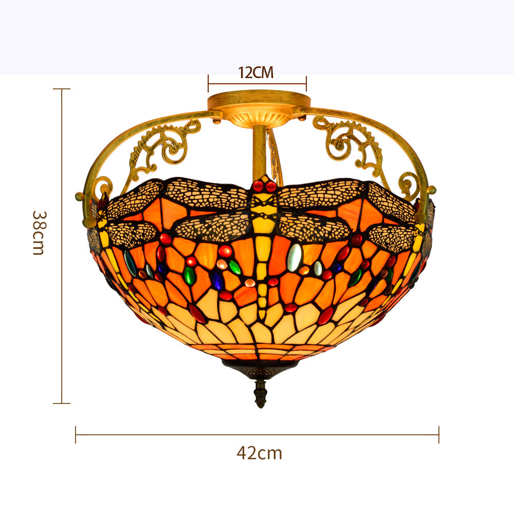 Tiffany-style stained glass ceiling light with orange dragonflies