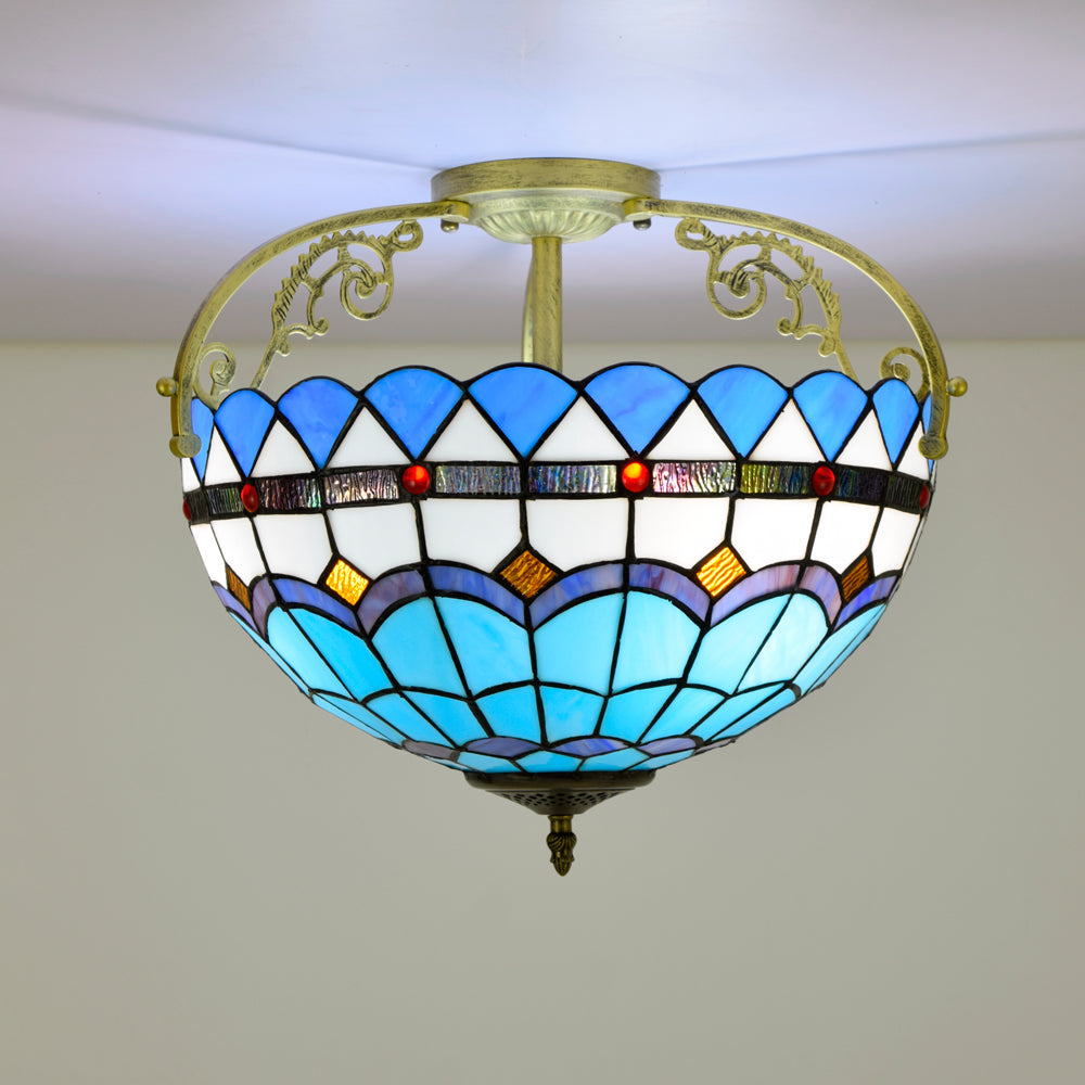 Blue and White Stained Glass Ceiling Light, Tiffany Style