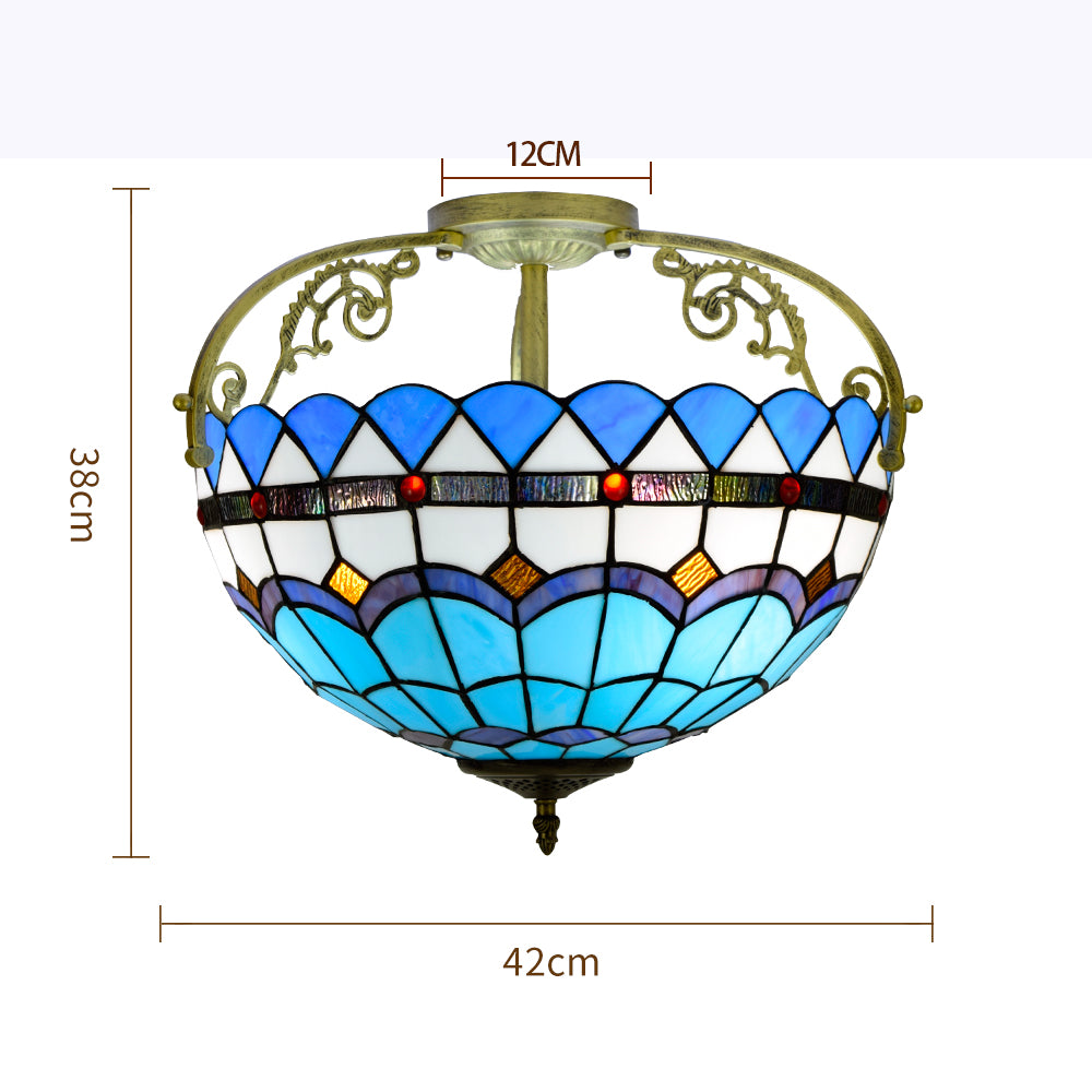Blue and White Stained Glass Ceiling Light, Tiffany Style