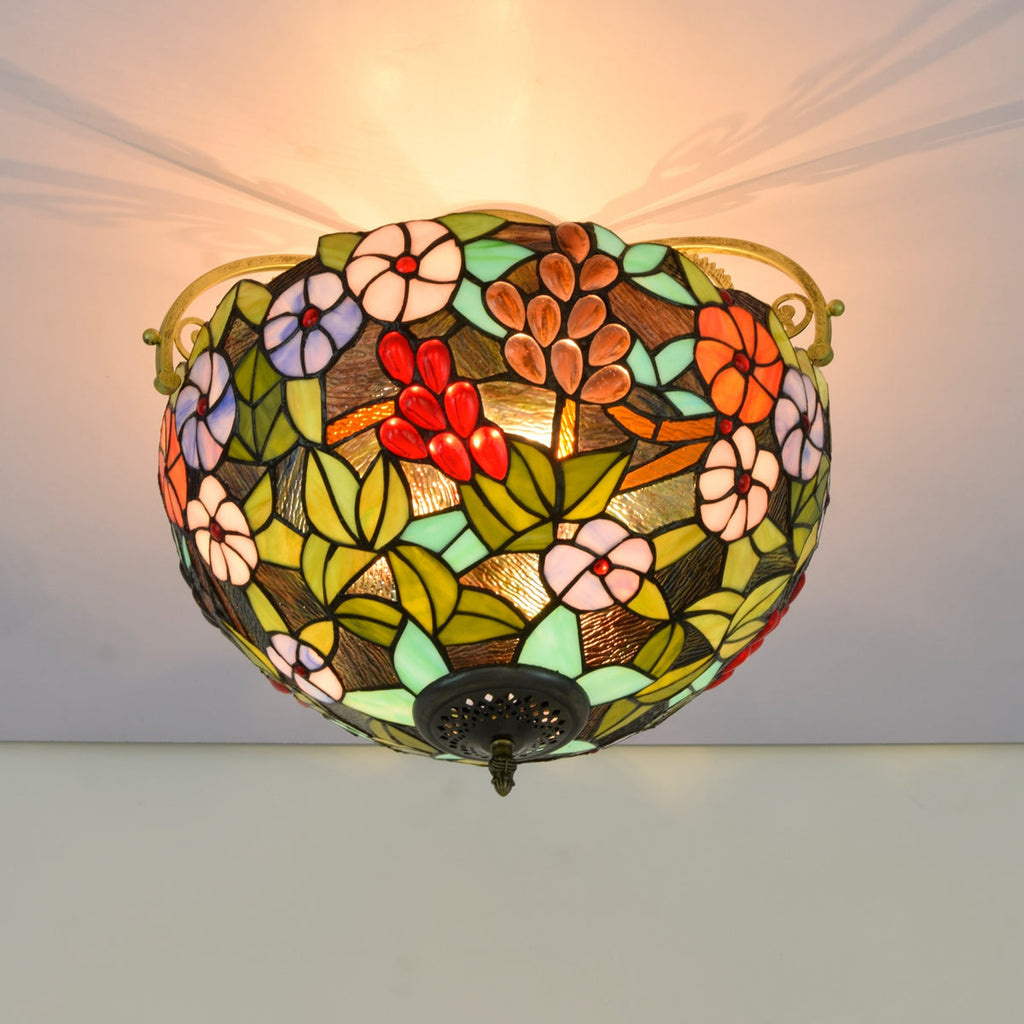 Floral Stained Glass Ceiling Light, Tiffany Style, Bronze