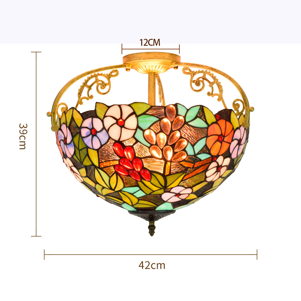 Floral Stained Glass Ceiling Light, Tiffany Style, Bronze