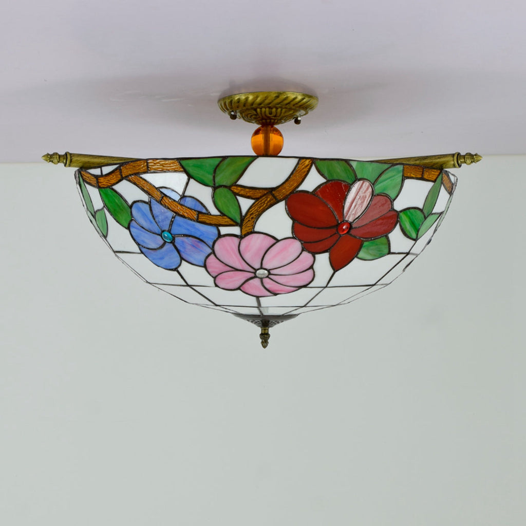 Tiffany-style ceiling light in multicolored floral stained glass