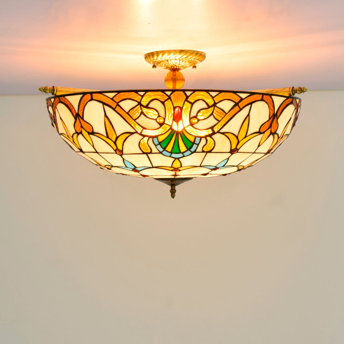 Art Nouveau Style Amber Stained Glass Dome Ceiling Light