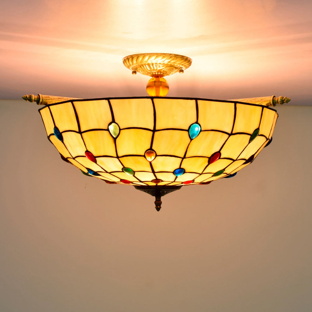 Amber Stained Glass Ceiling Light with Coloured Cabochons
