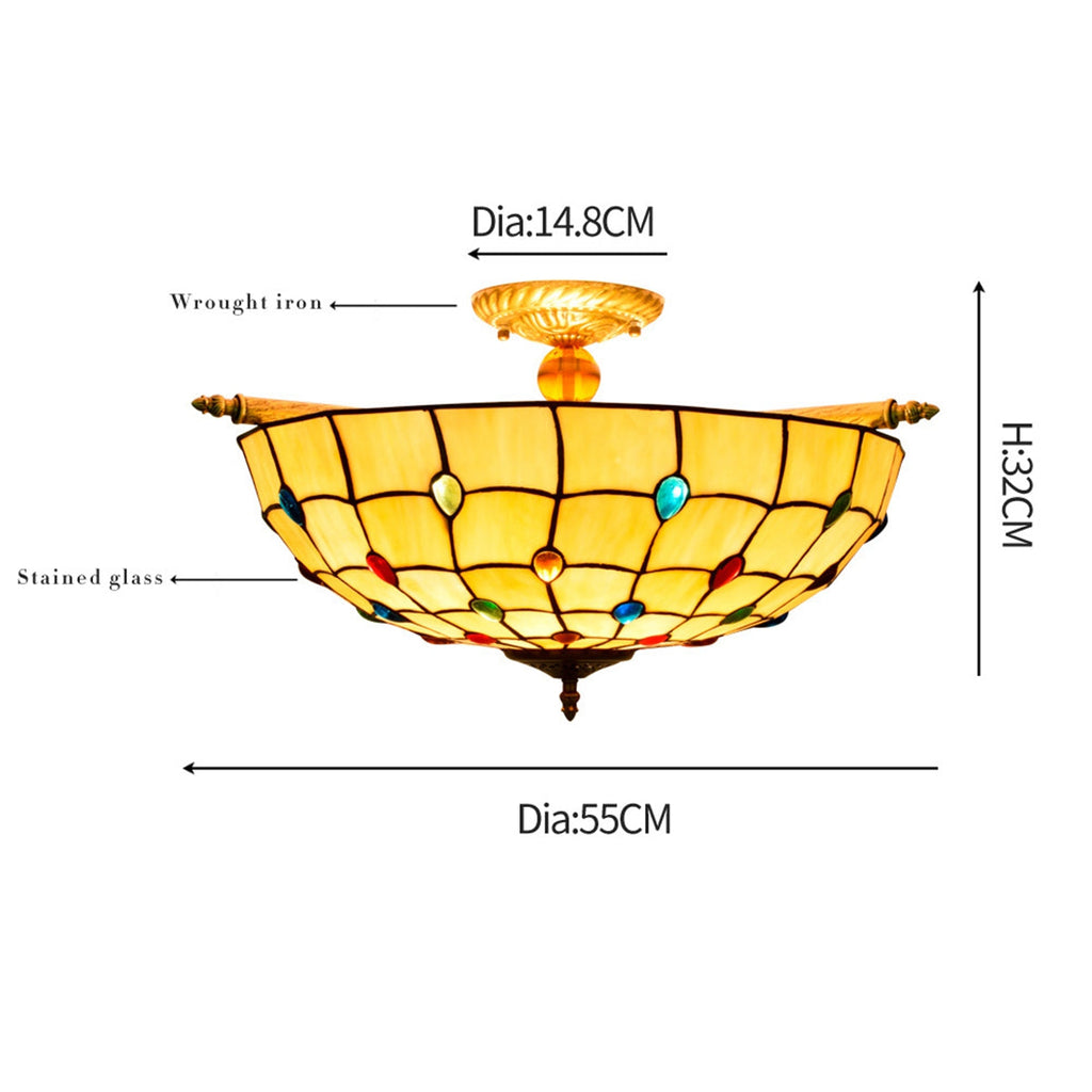 Amber Stained Glass Ceiling Light with Coloured Cabochons