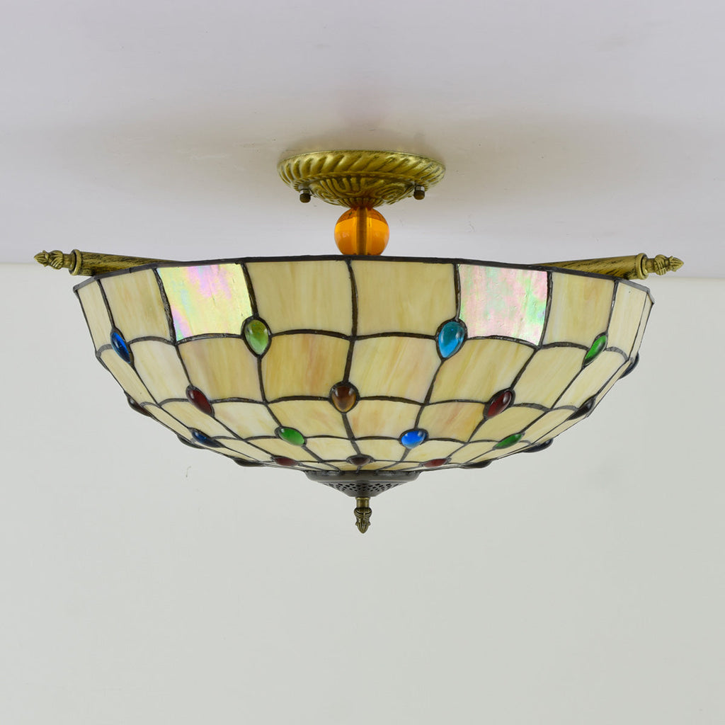 Amber Stained Glass Ceiling Light with Coloured Cabochons