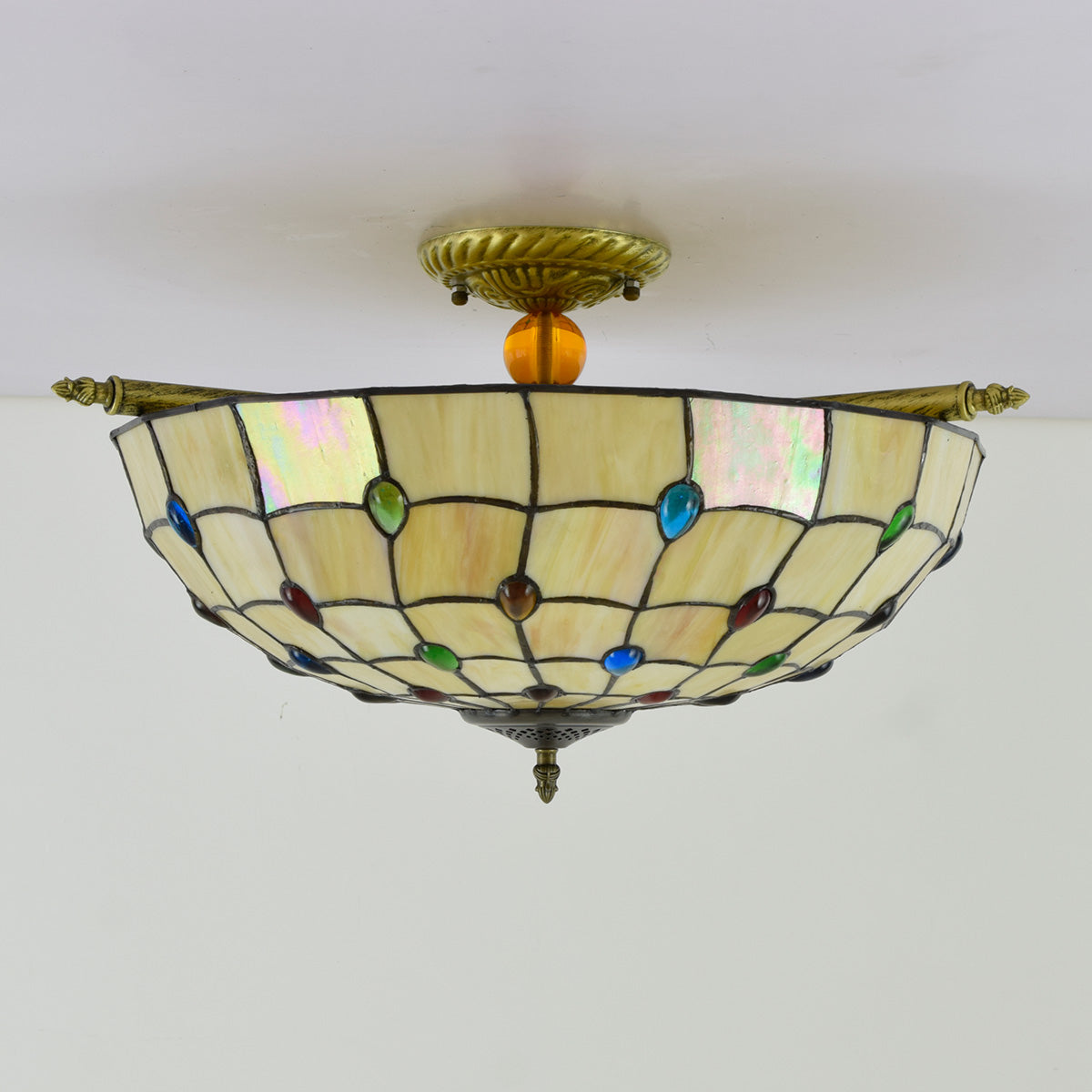 Amber Stained Glass Ceiling Light with Coloured Cabochons