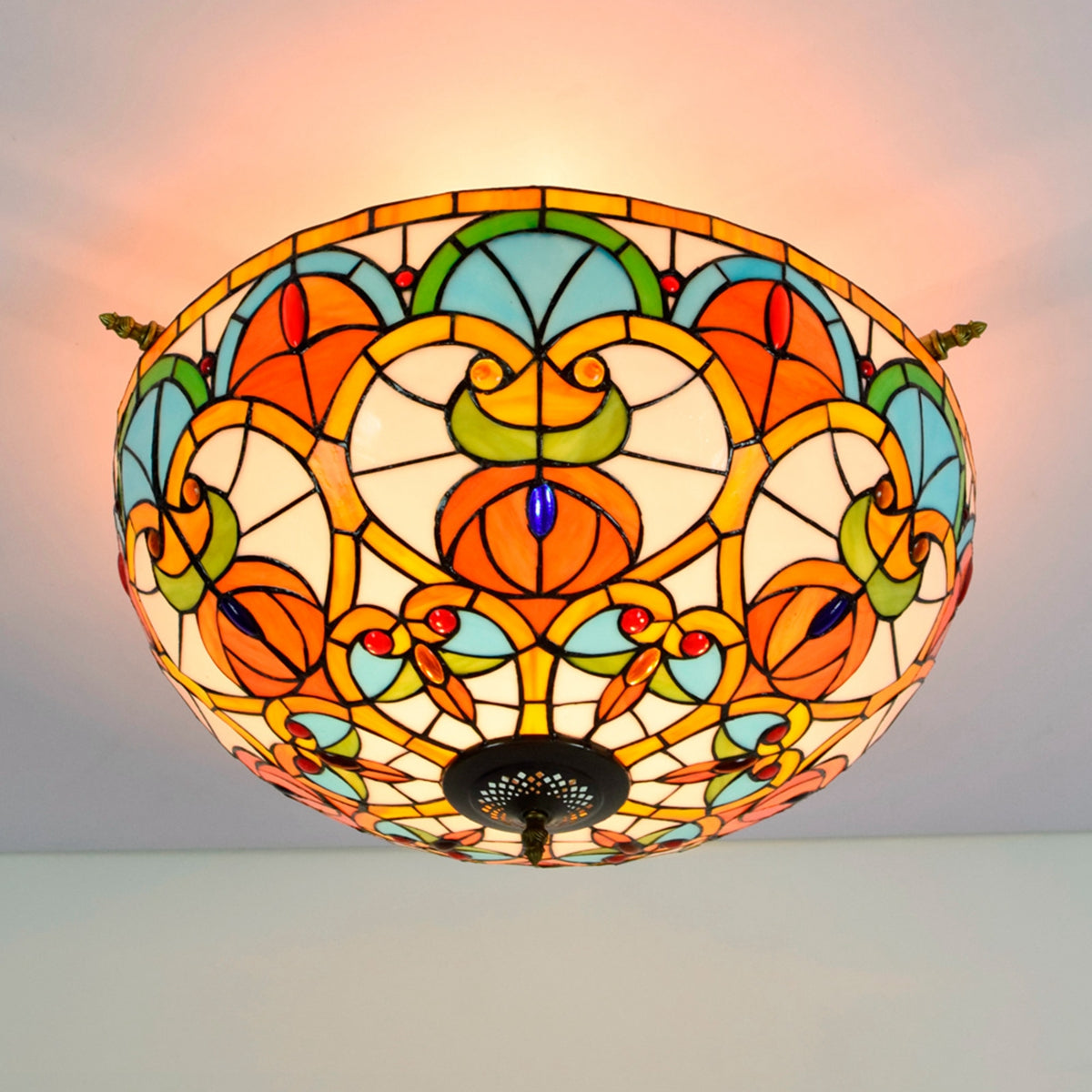 Floral Tinted Glass Tiffany Dome Ceiling Light