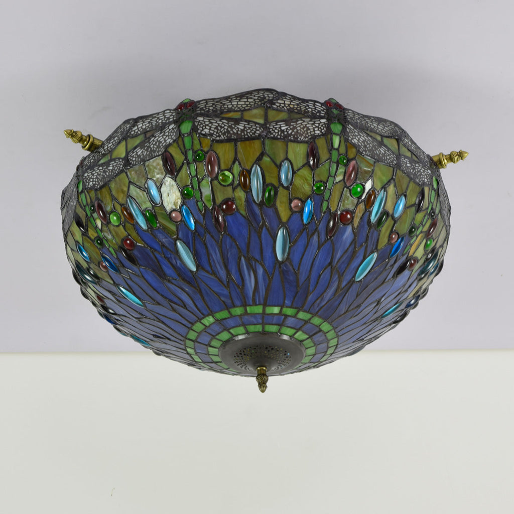Tiffany Dome Ceiling Light with Multicolored Dragonflies