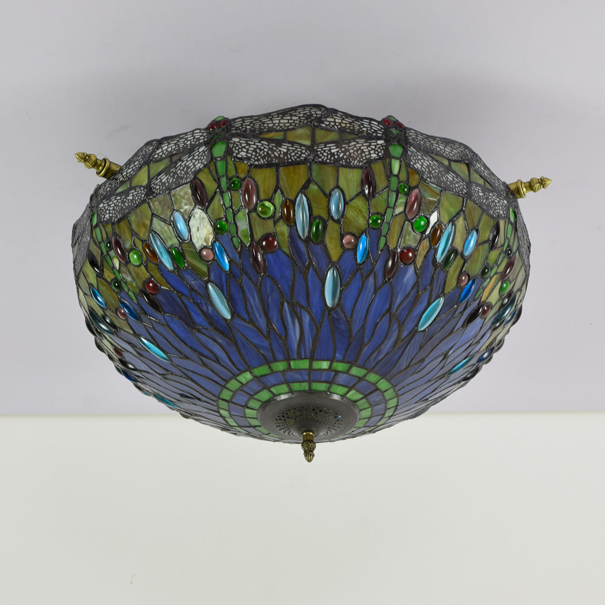 Tiffany Dome Ceiling Light with Multicolored Dragonflies