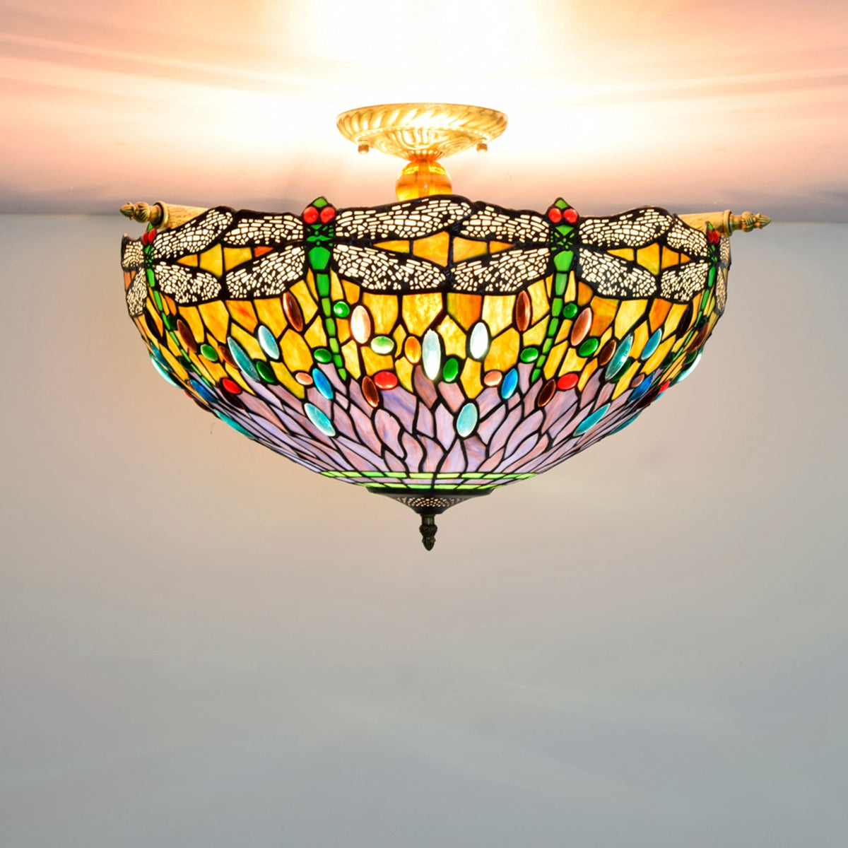 Tiffany Dome Ceiling Light with Multicolored Dragonflies