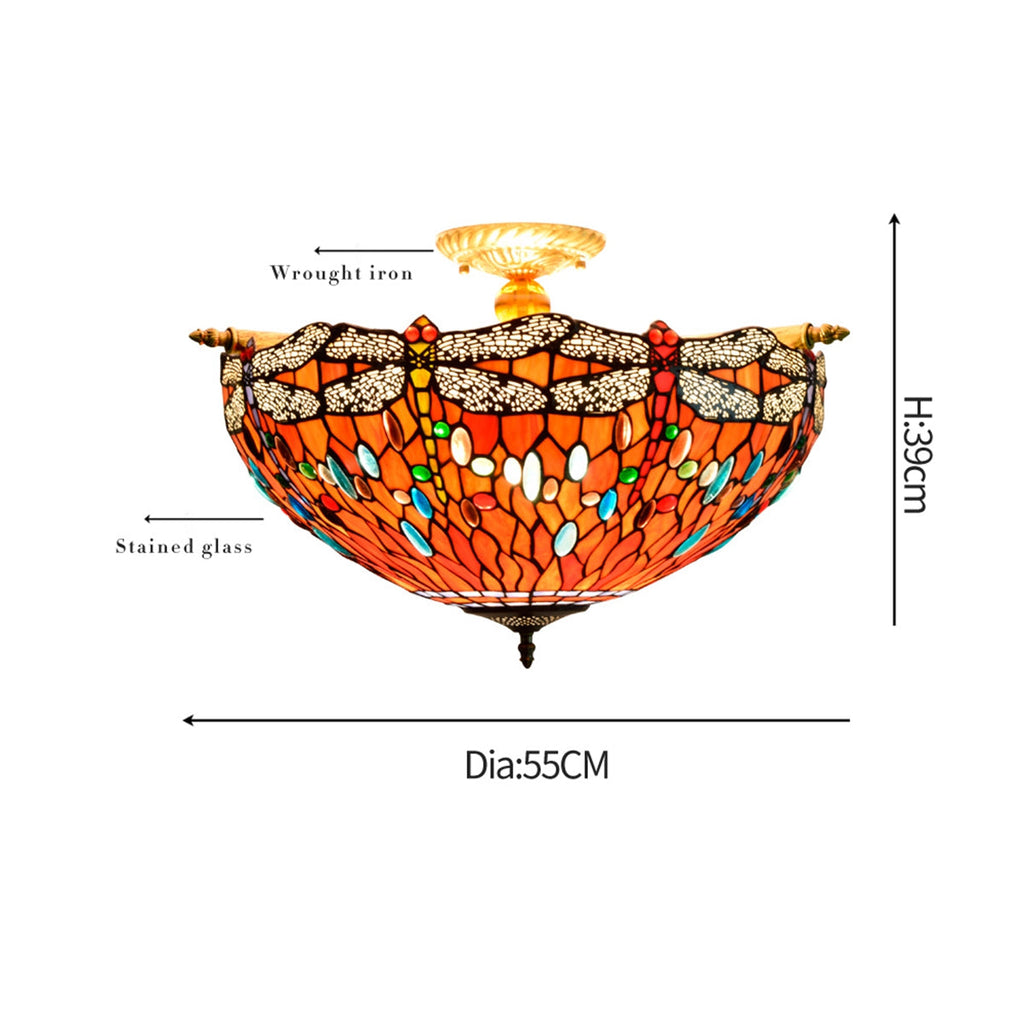 Tiffany Stained Glass Ceiling Light with Orange and Multicolored Dragonflies