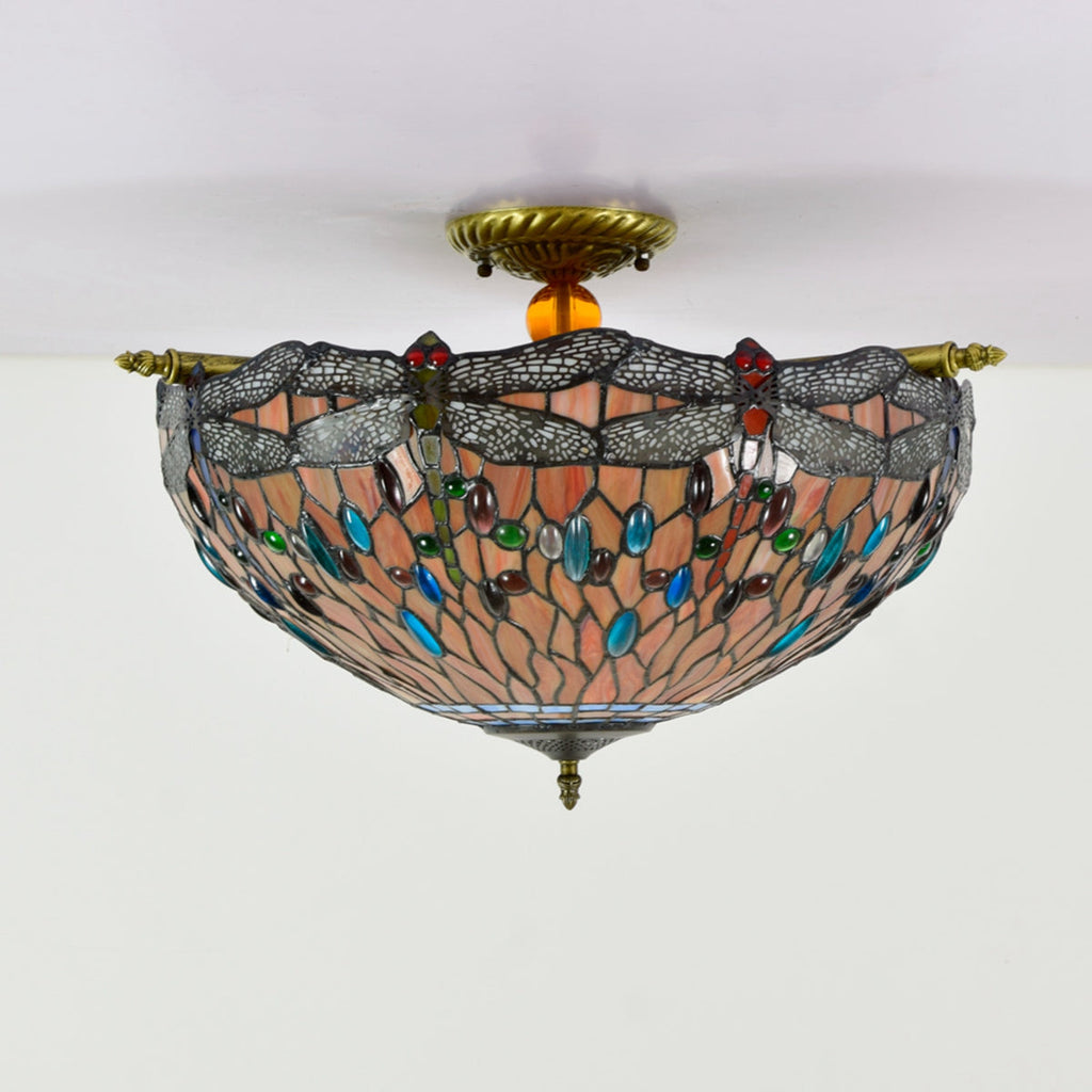 Tiffany Stained Glass Ceiling Light with Orange and Multicolored Dragonflies