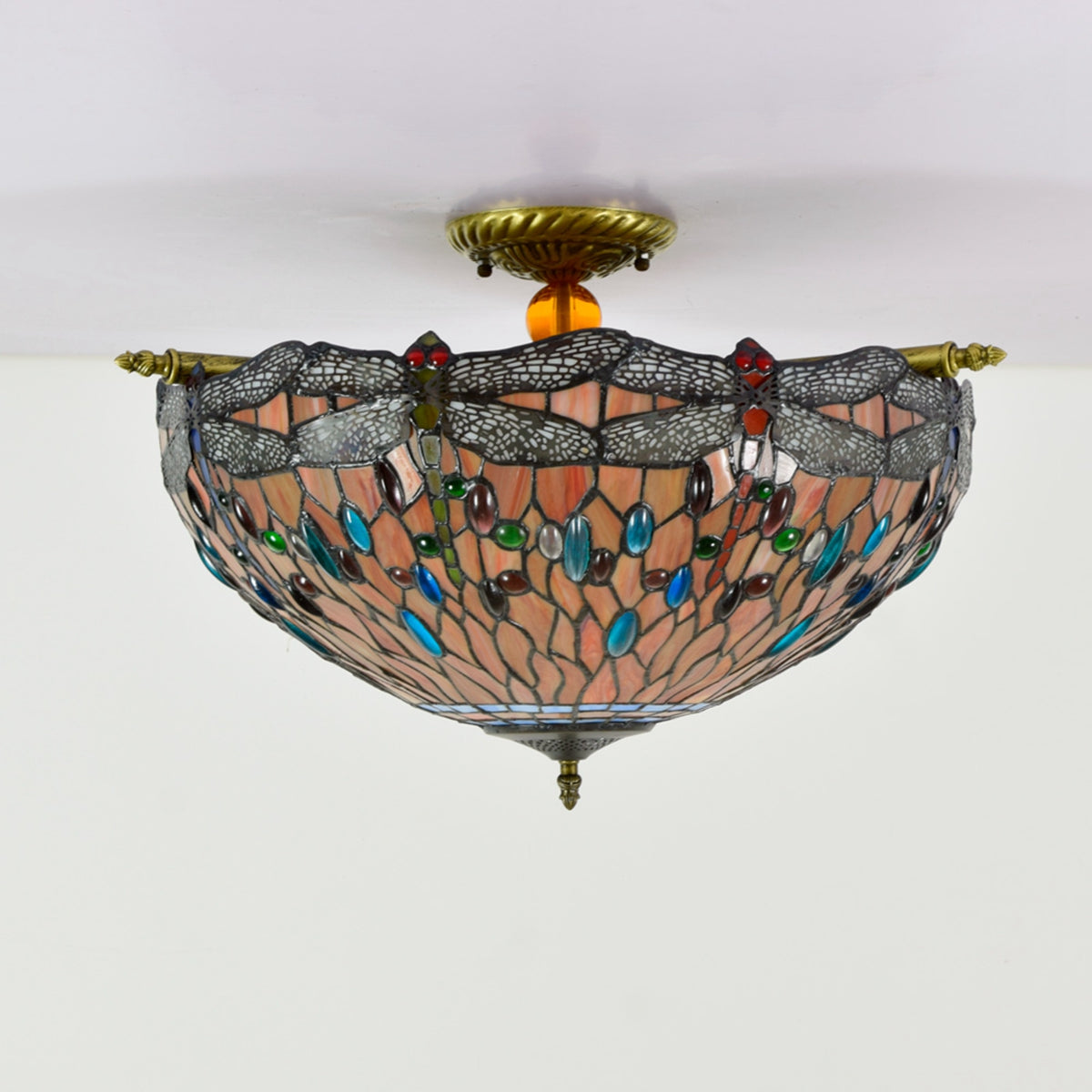 Tiffany Stained Glass Ceiling Light with Orange and Multicolored Dragonflies