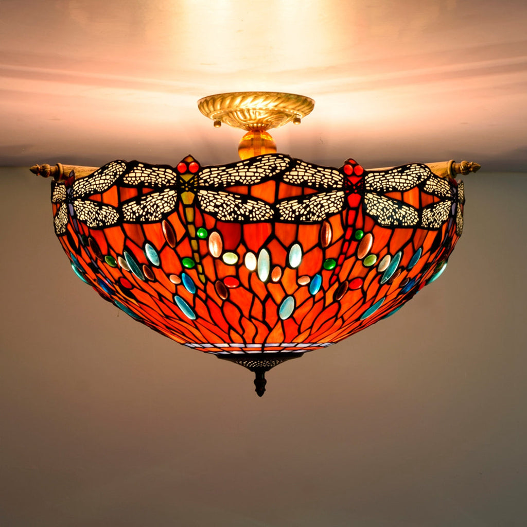 Tiffany Stained Glass Ceiling Light with Orange and Multicolored Dragonflies