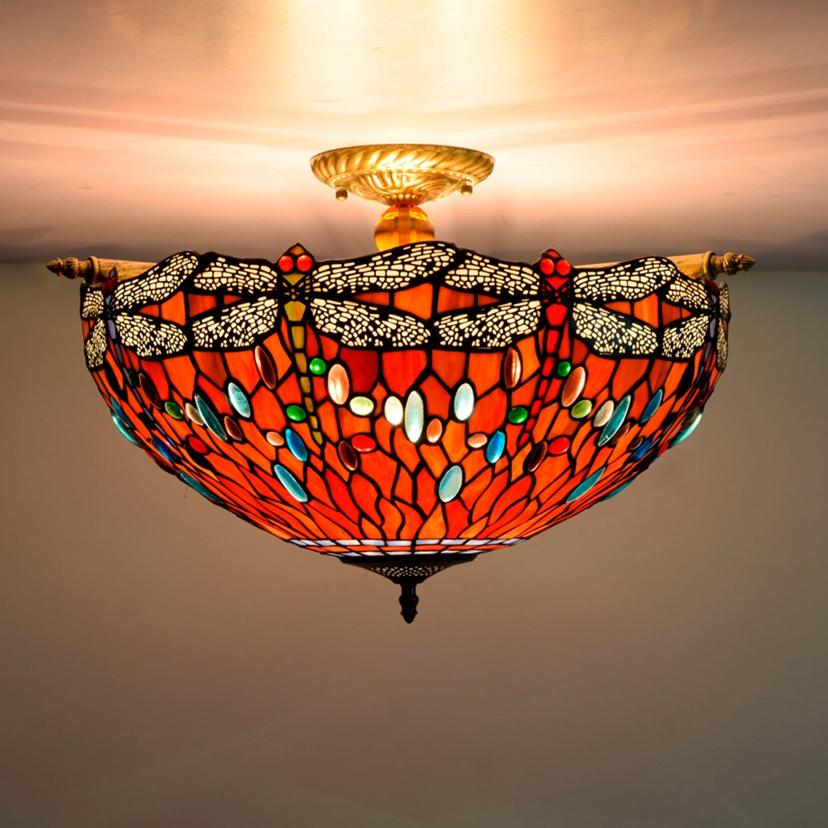 Tiffany Stained Glass Ceiling Light with Orange and Multicolored Dragonflies