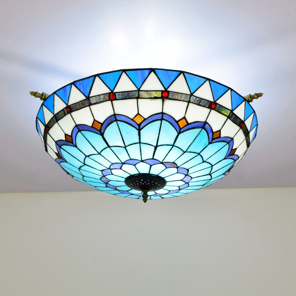 Floral Blue Tiffany Stained Glass Dome Ceiling Light