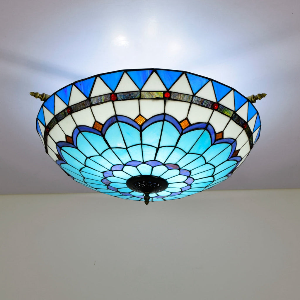 Floral Blue Tiffany Stained Glass Dome Ceiling Light