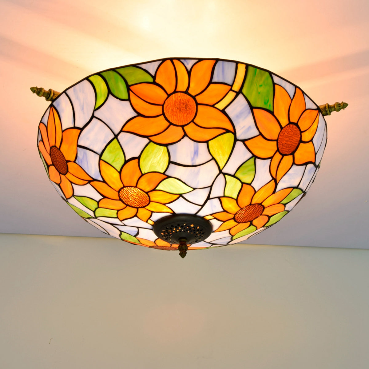 Tiffany-style stained glass ceiling light in blue sunflowers