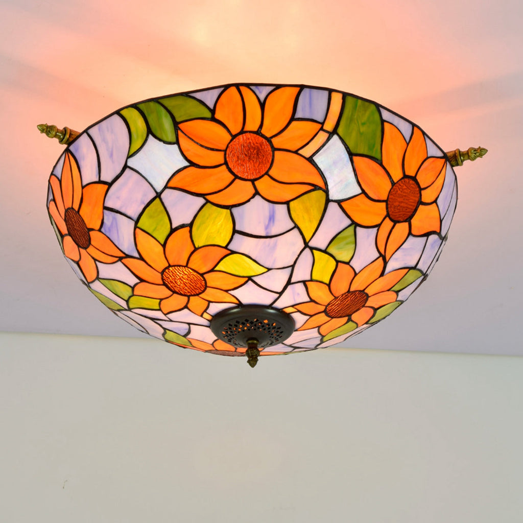 Tiffany-style stained glass ceiling light in blue sunflowers