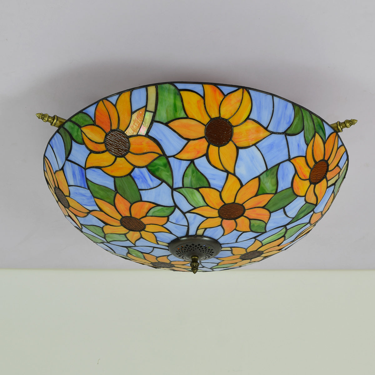 Tiffany-style ceiling light in stained glass with sunflowers