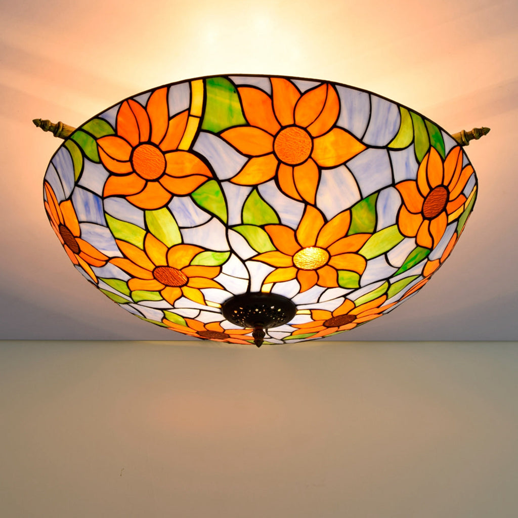 Tiffany-style ceiling light in stained glass with sunflowers
