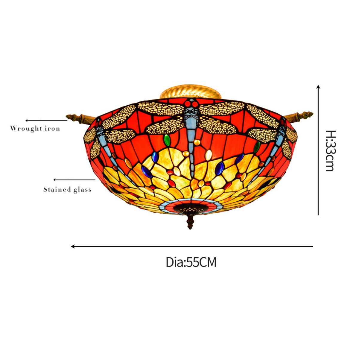 Tiffany Style Glass Ceiling Light with Red Dragonflies