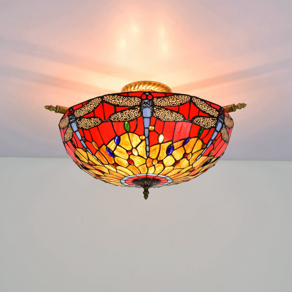 Tiffany Style Glass Ceiling Light with Red Dragonflies